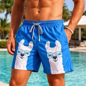 Kenny Flowers Men's Swim Trunks Shorts Medium Blue Llama Print Cruise Vacation
